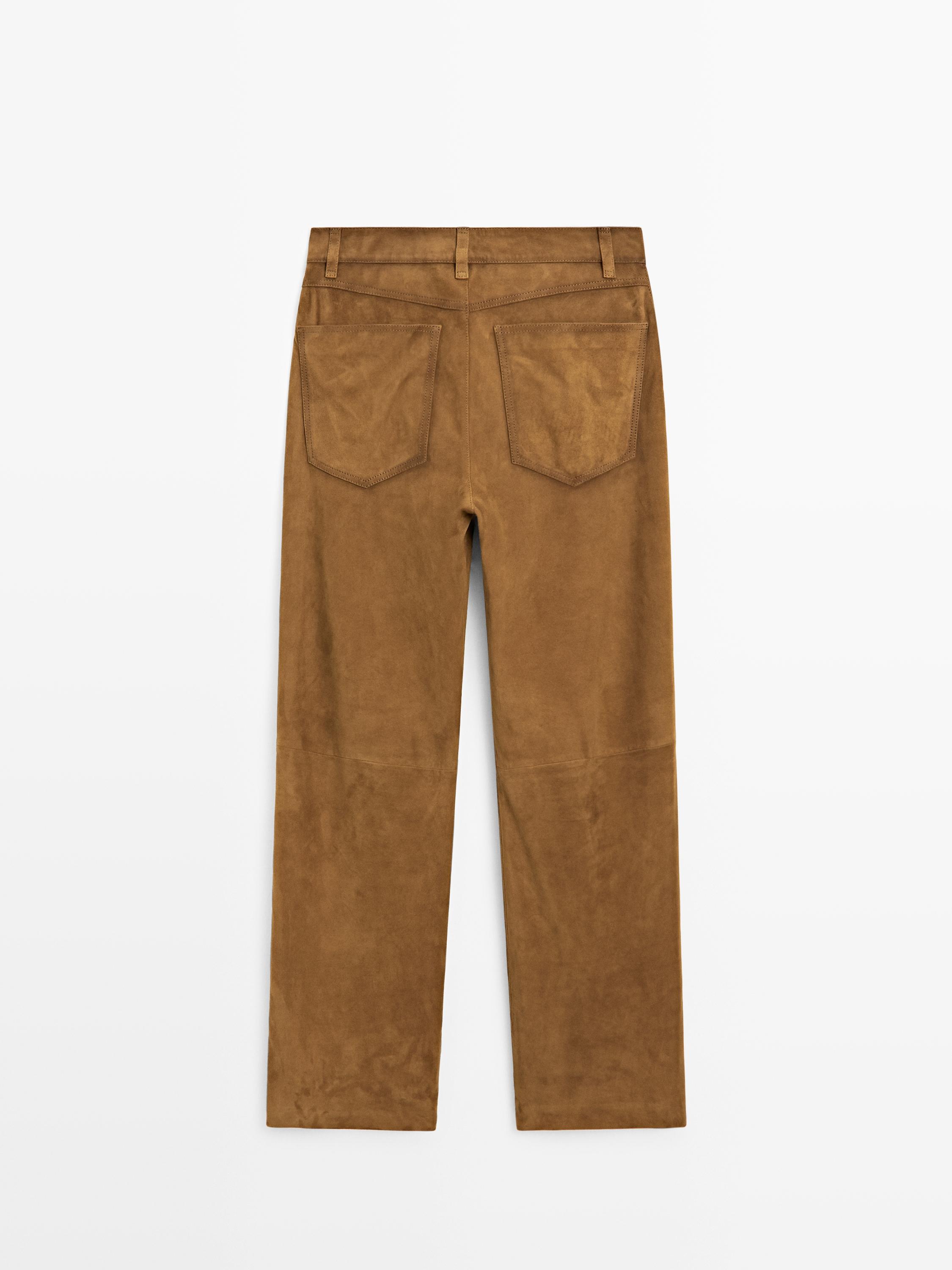 Pantalon droit en cuir finition daim